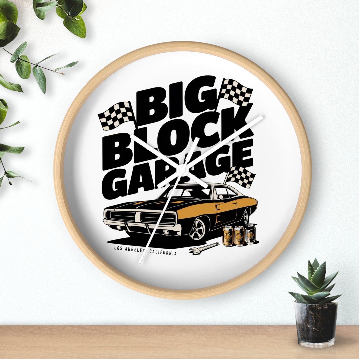 Big Block Garage Wall Clock with Dodge Charger | Classic Muscle Car, Checkered Flags