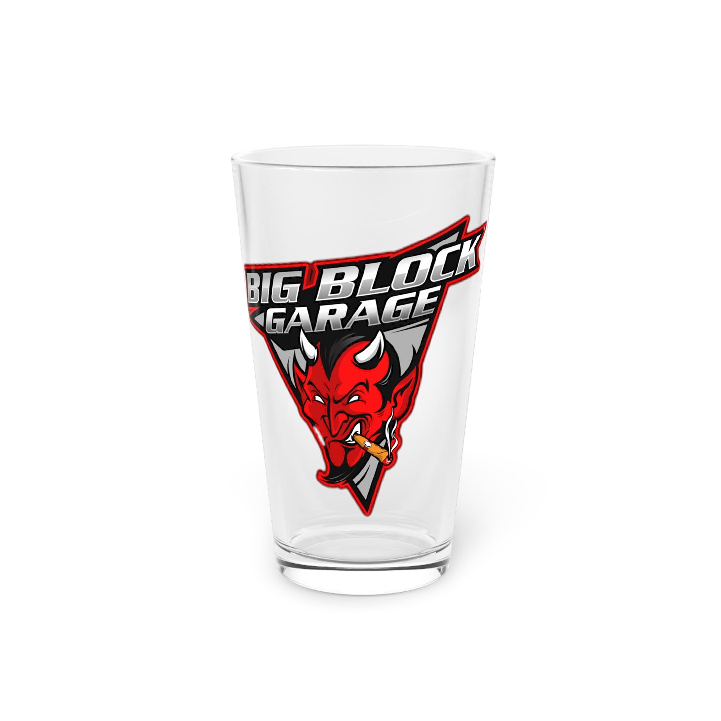 Big Block Garage Devil Logo Pint Glass | 16oz Beer Glass