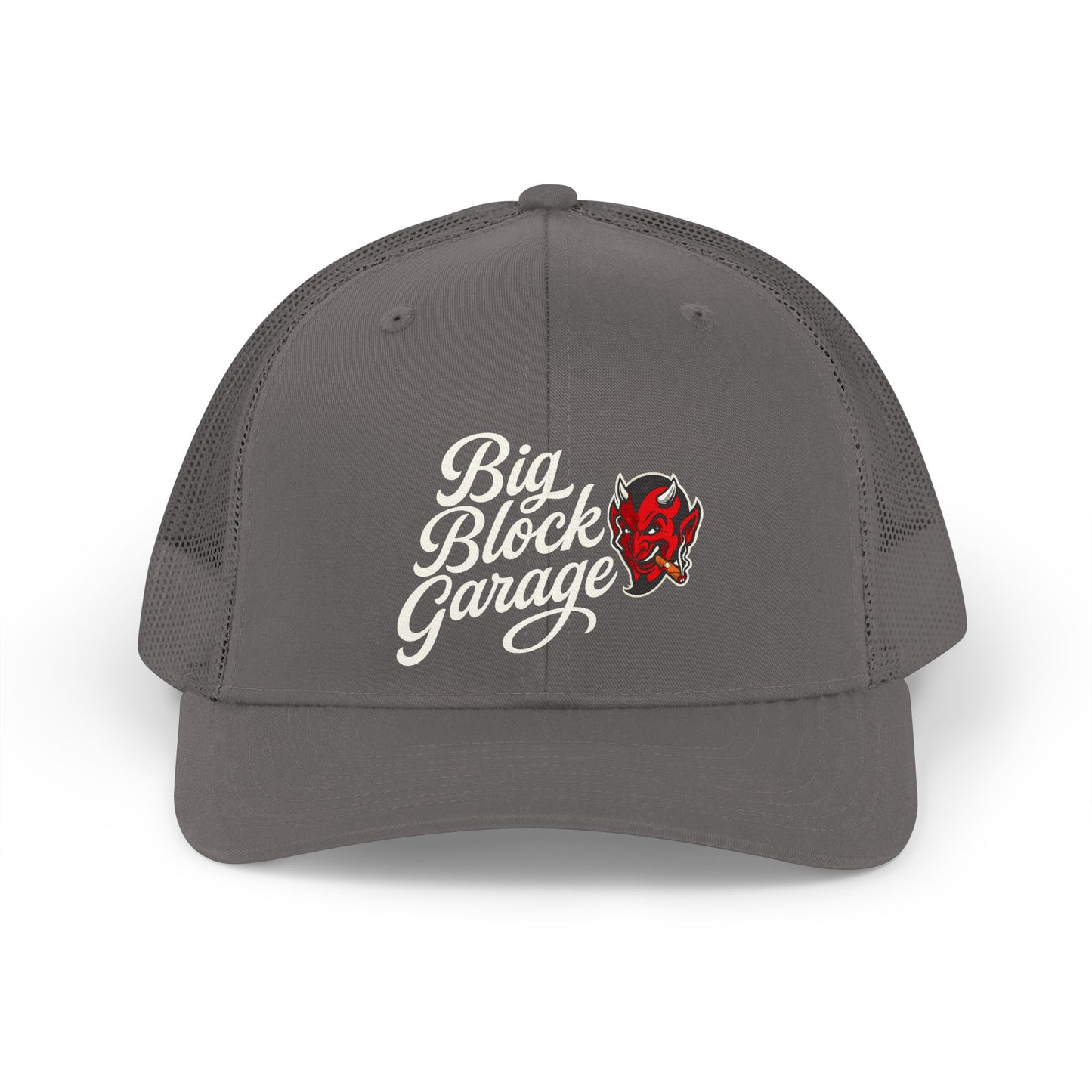 Demo Retro Trucker Hat — "Big Block Garage" Script Logo with Red Devil Patch
