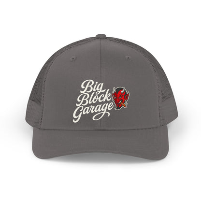 Demo Retro Trucker Hat — "Big Block Garage" Script Logo with Red Devil Patch