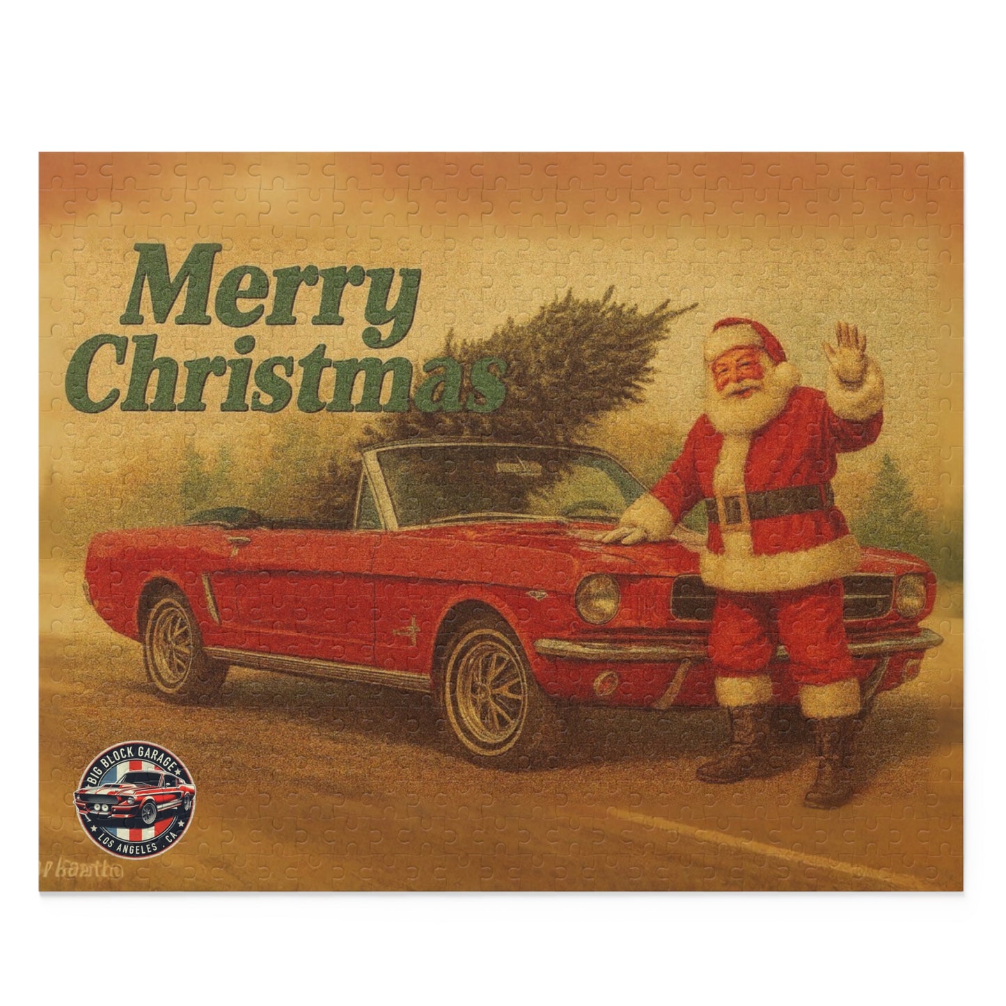 Vintage Santa with Red Ford Mustang Convertible Puzzle | Merry Christmas Car Jigsaw