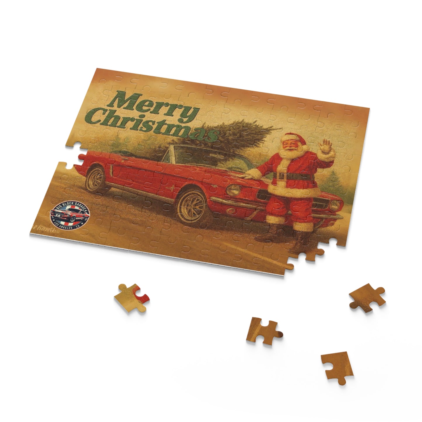 Vintage Santa with Red Ford Mustang Convertible Puzzle | Merry Christmas Car Jigsaw