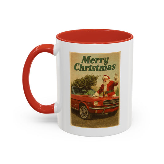Vintage Santa with Mustang Christmas Accent Coffee Mug | Holiday Mug 11oz/15oz
