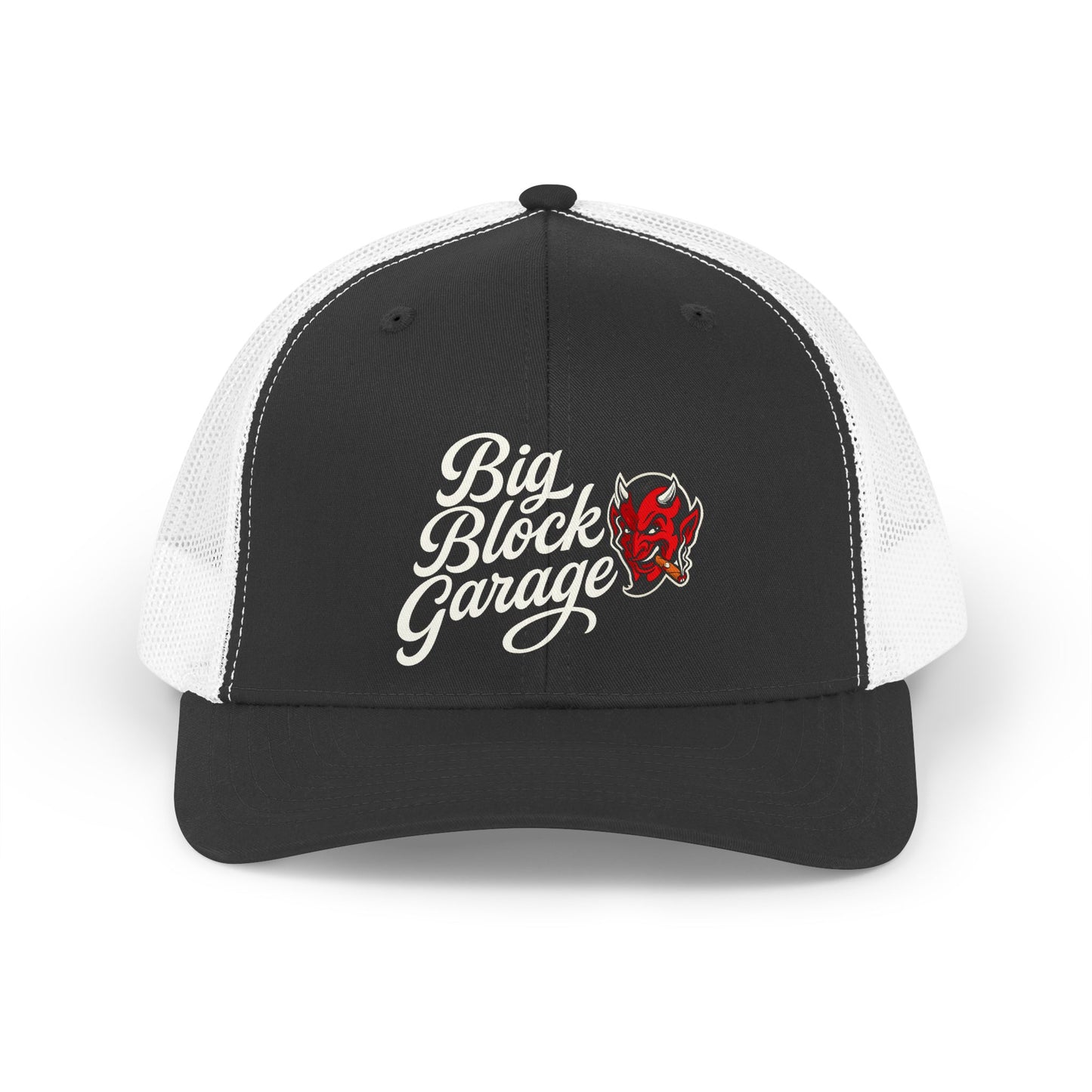 Demo Retro Trucker Hat — "Big Block Garage" Script Logo with Red Devil Patch