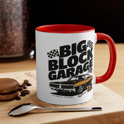 Big Block Garage Mug with Dodge Charger | Car Muscle Car Illustration, Checkered Flags