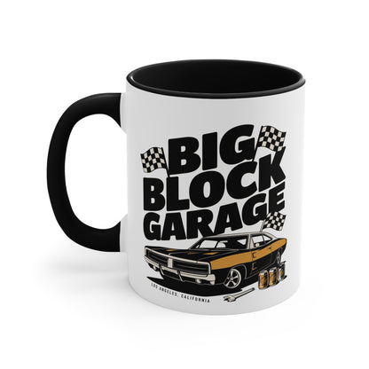 Big Block Garage Mug with Dodge Charger | Car Muscle Car Illustration, Checkered Flags