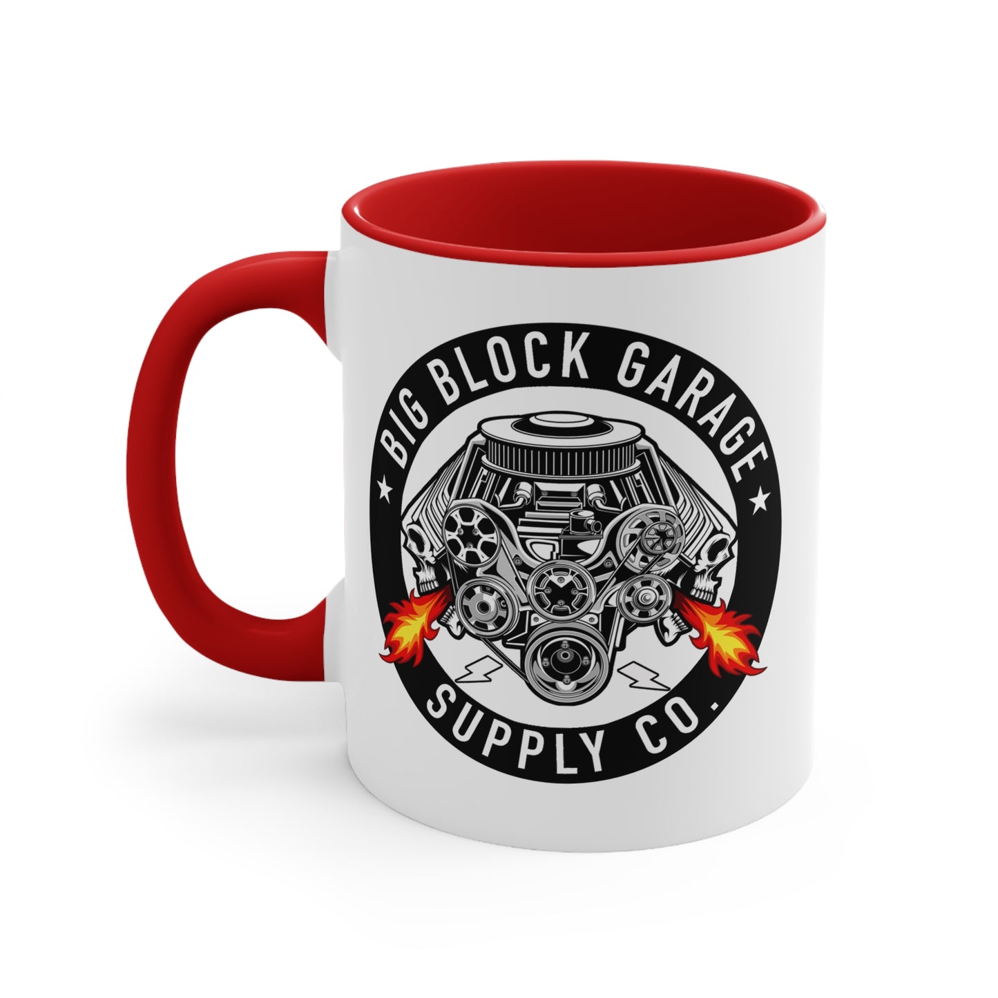 Big Block Garage Engine Logo Mug | Accent Red 11oz Ceramic