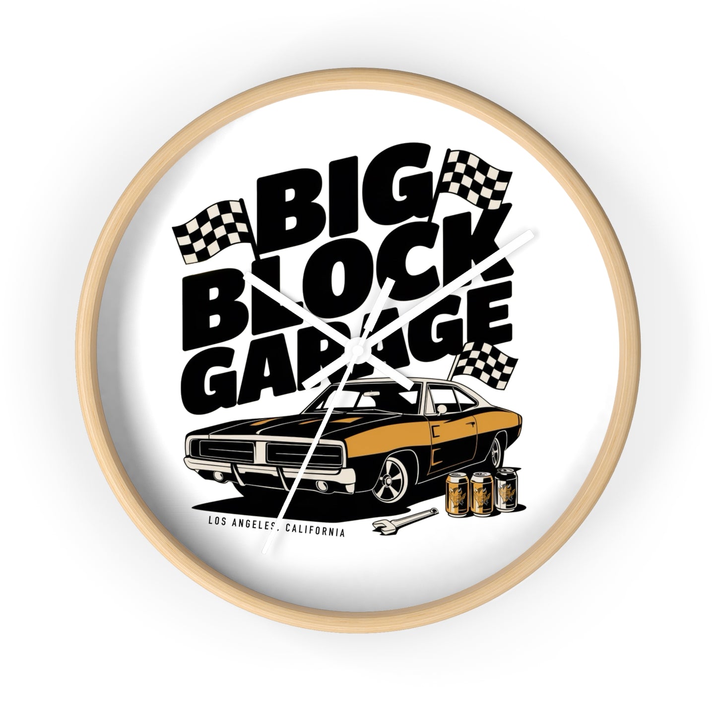 Big Block Garage Wall Clock with Dodge Charger | Classic Muscle Car, Checkered Flags