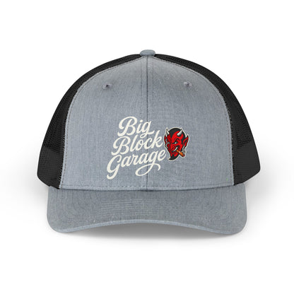 Demo Retro Trucker Hat — "Big Block Garage" Script Logo with Red Devil Patch