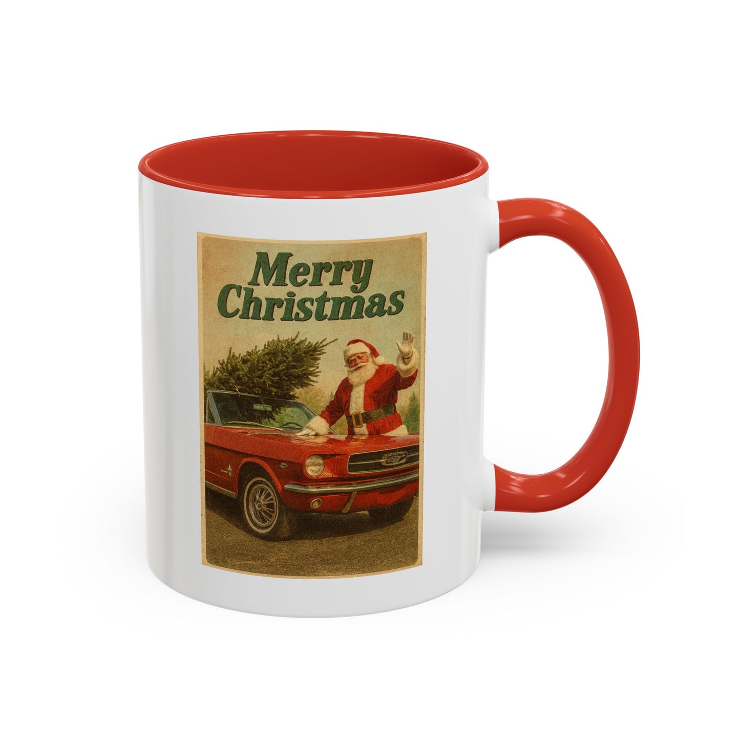Vintage Santa with Mustang Christmas Accent Coffee Mug | Holiday Mug 11oz/15oz