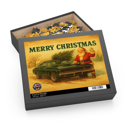 Vintage Santa with Green 1968 Dodge Charger Car Puzzle | Merry Christmas Holiday Jigsaw