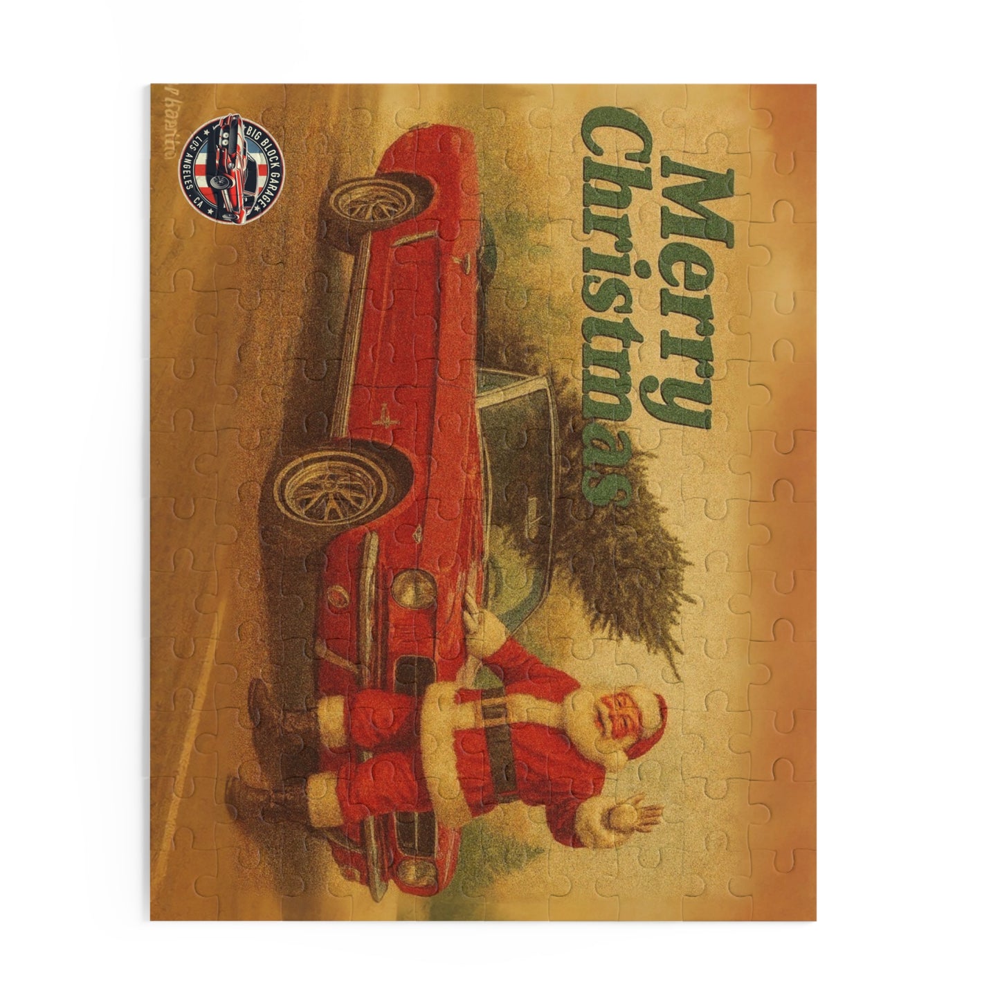 Vintage Santa with Red Ford Mustang Convertible Puzzle | Merry Christmas Car Jigsaw