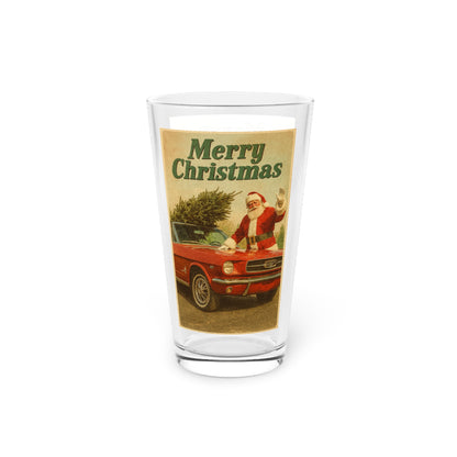 Christmas Pint Glass 16oz — Vintage Santa with Tree in Red Car