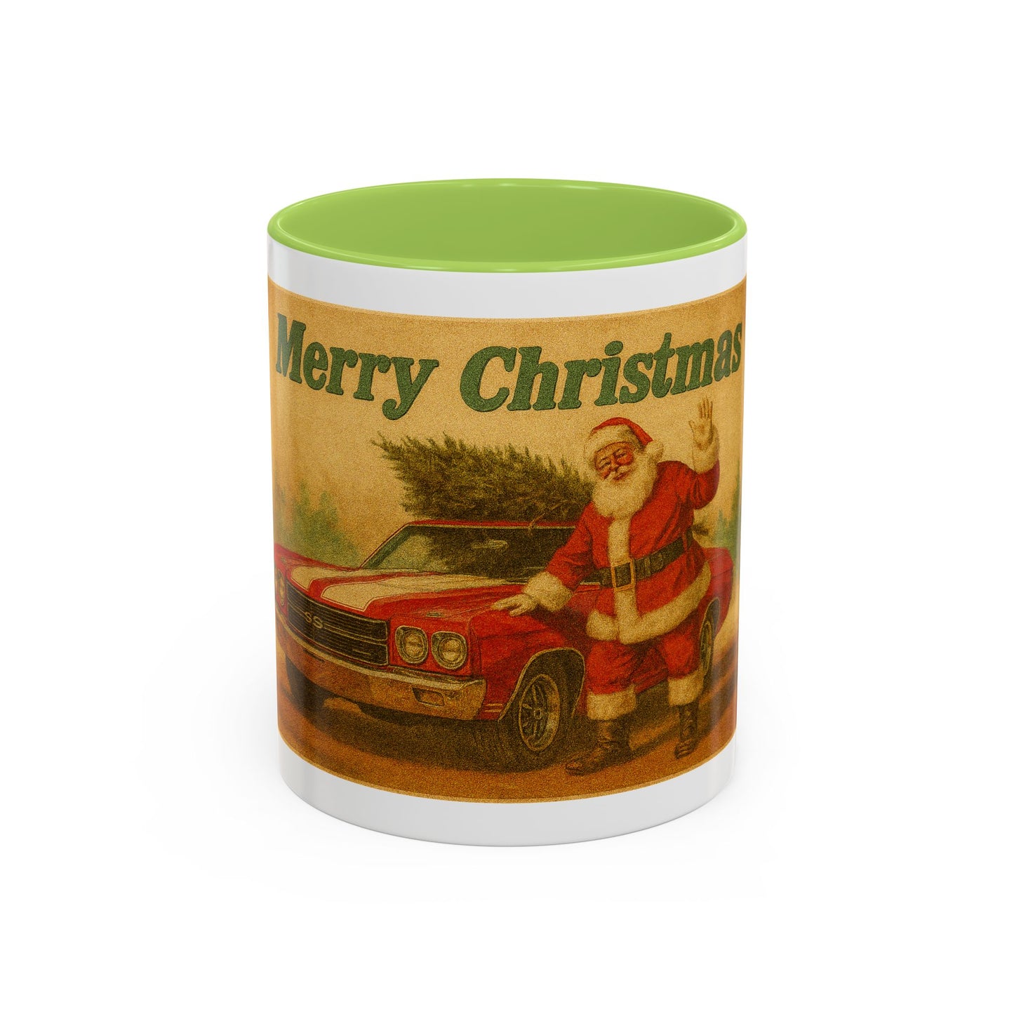 Vintage Santa with Christmas Tree and Chevrolet Chevelle Mug | Accent Coffee Mug