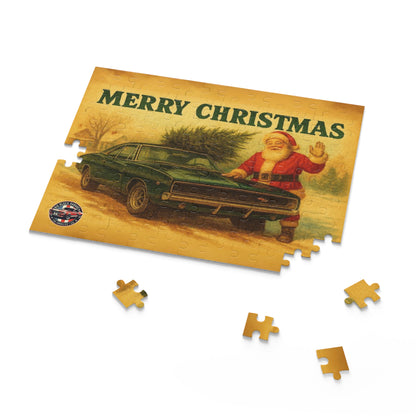 Vintage Santa with Green 1968 Dodge Charger Car Puzzle | Merry Christmas Holiday Jigsaw