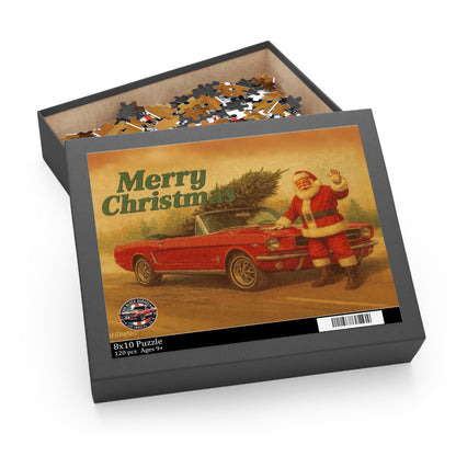 Vintage Santa with Red Ford Mustang Convertible Puzzle | Merry Christmas Car Jigsaw