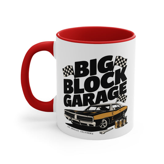 Big Block Garage Mug with Dodge Charger | Car Muscle Car Illustration, Checkered Flags