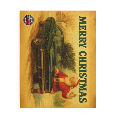 Vintage Santa with Green 1968 Dodge Charger Car Puzzle | Merry Christmas Holiday Jigsaw