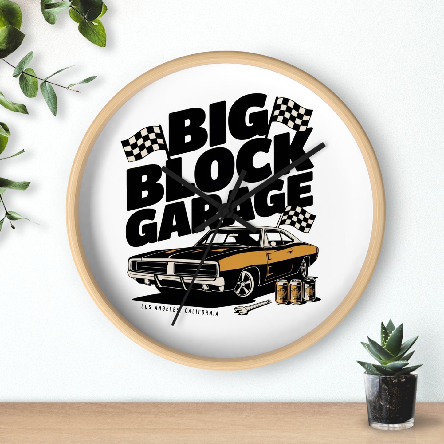 Big Block Garage Wall Clock with Dodge Charger | Classic Muscle Car, Checkered Flags