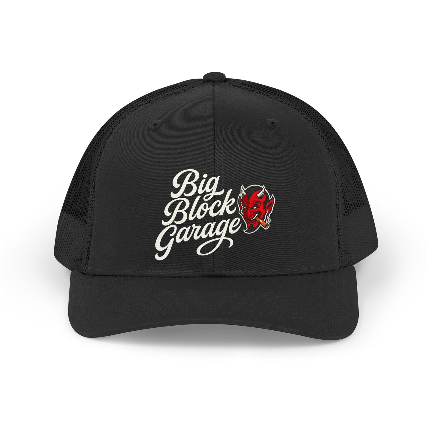 Demo Retro Trucker Hat — "Big Block Garage" Script Logo with Red Devil Patch