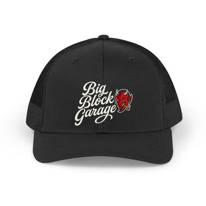 Demo Retro Trucker Hat — "Big Block Garage" Script Logo with Red Devil Patch