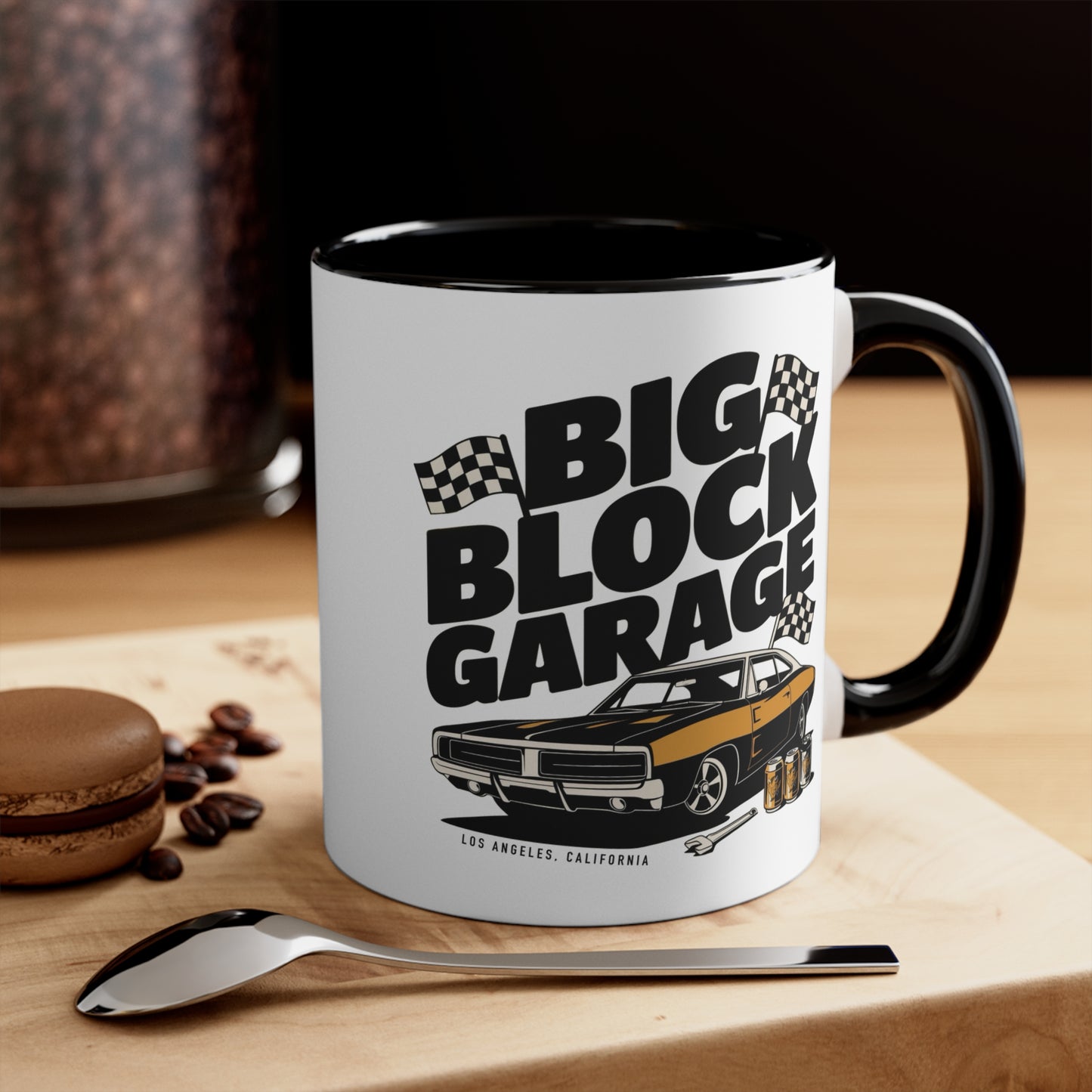 Big Block Garage Mug with Dodge Charger | Car Muscle Car Illustration, Checkered Flags