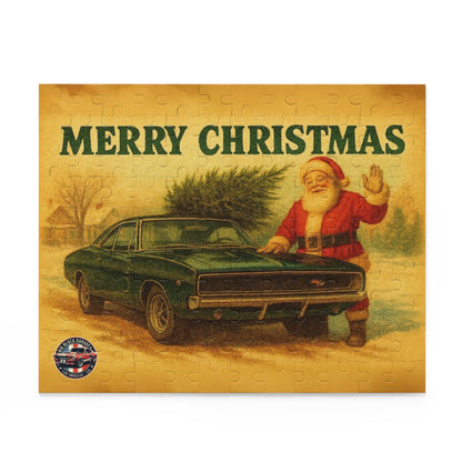 Vintage Santa with Green 1968 Dodge Charger Car Puzzle | Merry Christmas Holiday Jigsaw