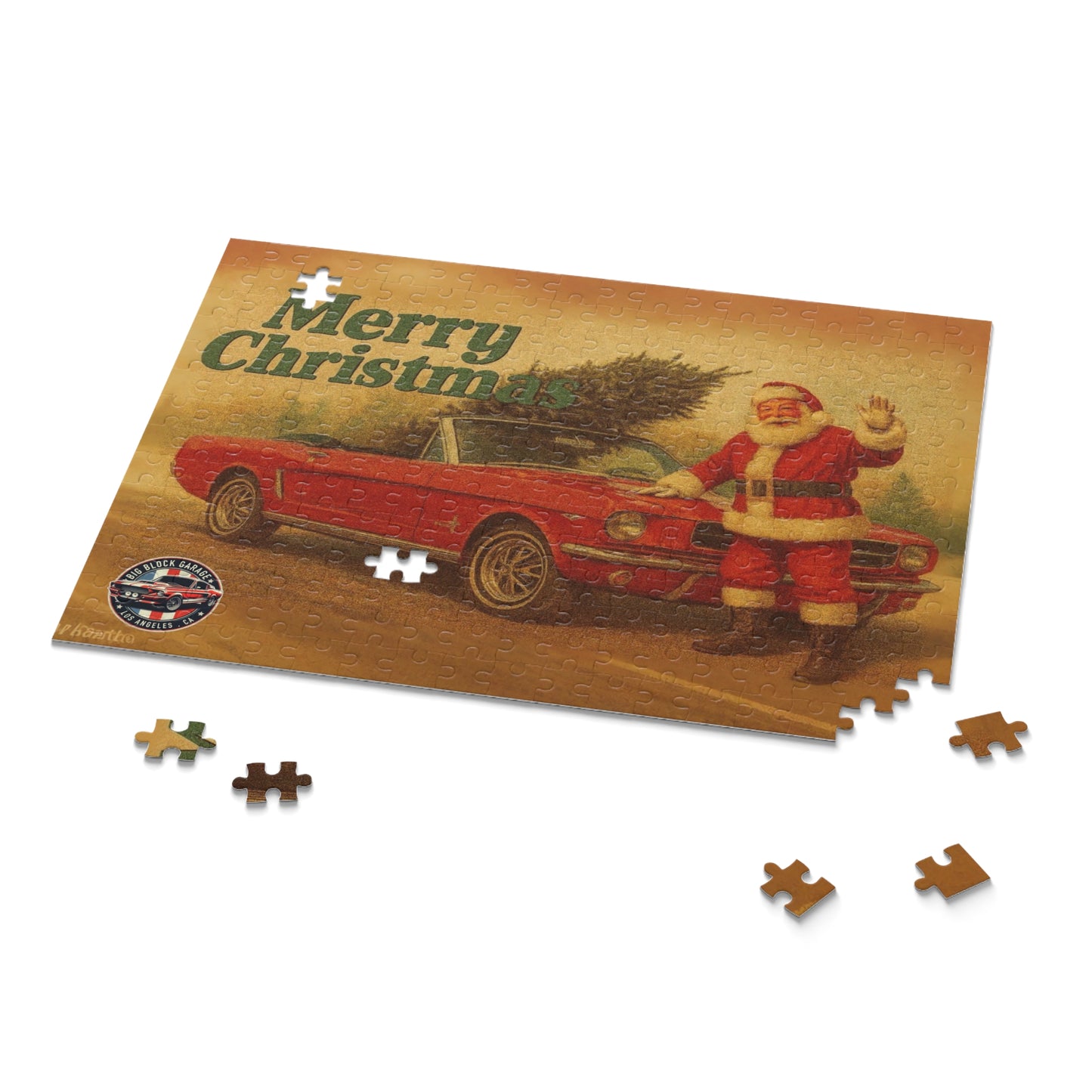 Vintage Santa with Red Ford Mustang Convertible Puzzle | Merry Christmas Car Jigsaw
