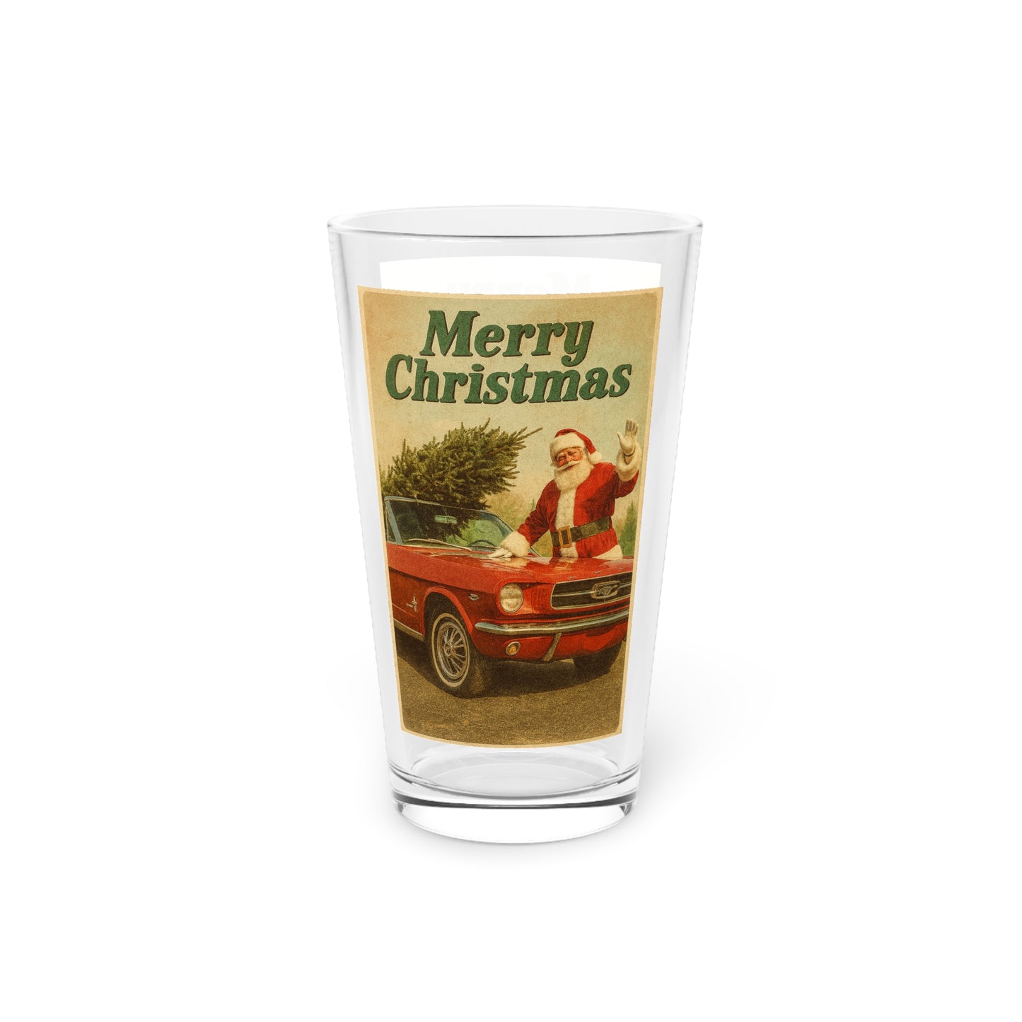 Christmas Pint Glass 16oz — Vintage Santa with Tree in Red Car