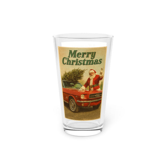 Christmas Pint Glass 16oz — Vintage Santa with Tree in Red Car