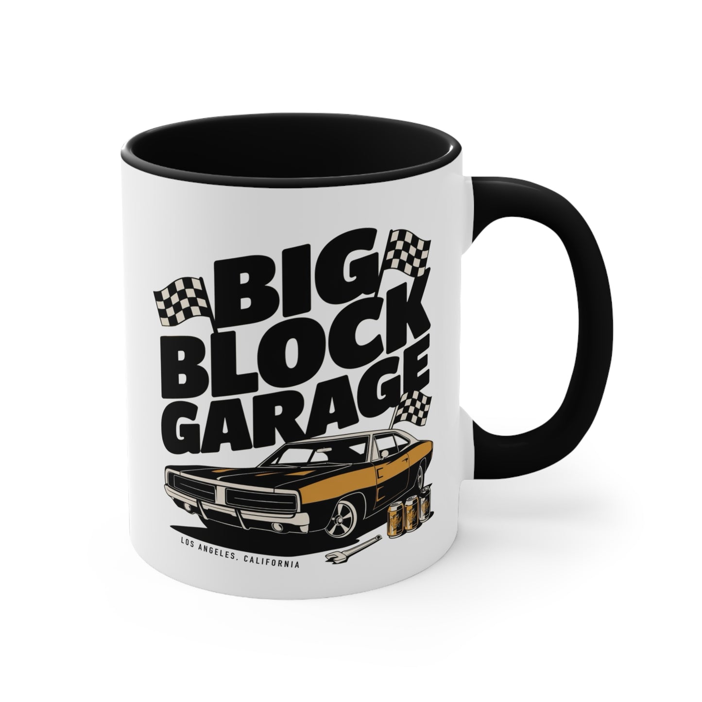 Big Block Garage Mug with Dodge Charger | Car Muscle Car Illustration, Checkered Flags