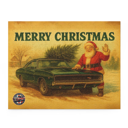 Vintage Santa with Green 1968 Dodge Charger Car Puzzle | Merry Christmas Holiday Jigsaw