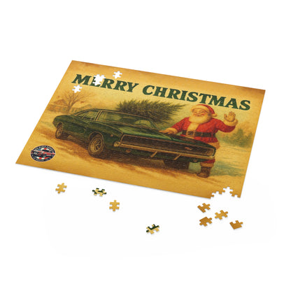 Vintage Santa with Green 1968 Dodge Charger Car Puzzle | Merry Christmas Holiday Jigsaw