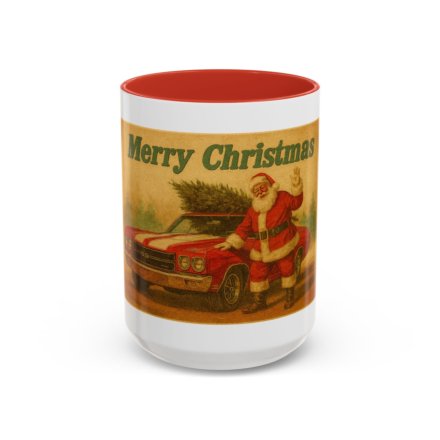 Vintage Santa with Christmas Tree and Chevrolet Chevelle Mug | Accent Coffee Mug