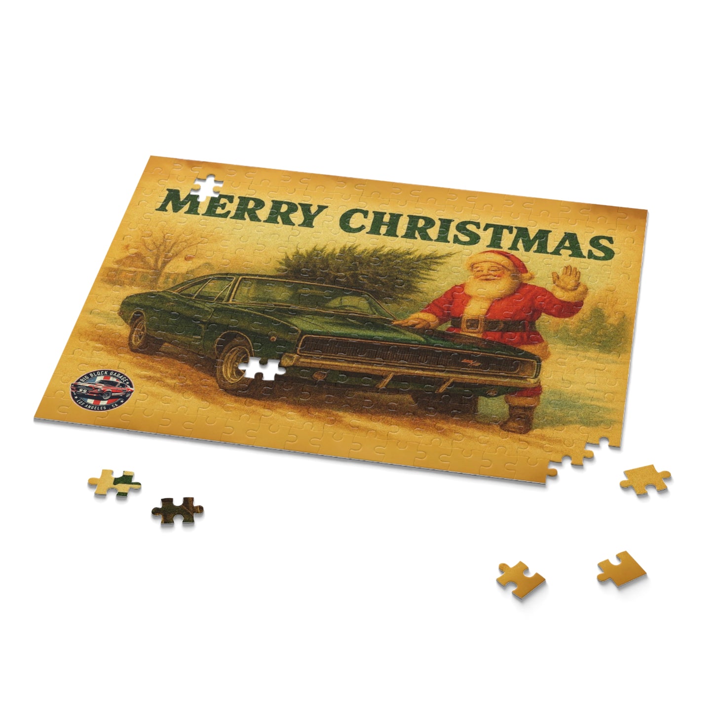 Vintage Santa with Green 1968 Dodge Charger Car Puzzle | Merry Christmas Holiday Jigsaw