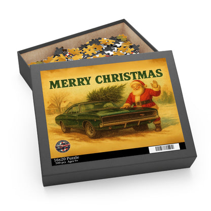 Vintage Santa with Green 1968 Dodge Charger Car Puzzle | Merry Christmas Holiday Jigsaw