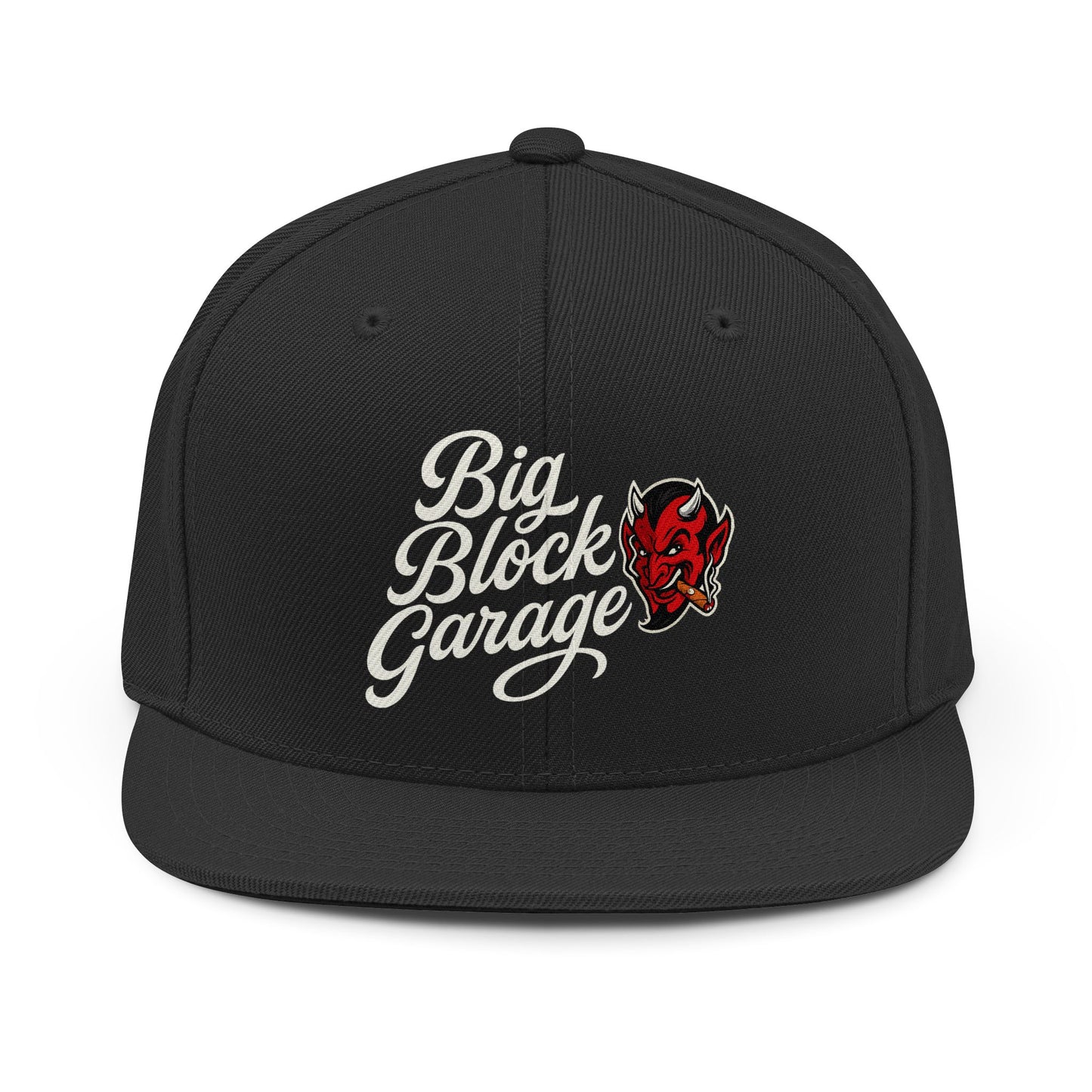 Big Block Garage Snapback Hat — Retro Script Logo with Red Devil Patch