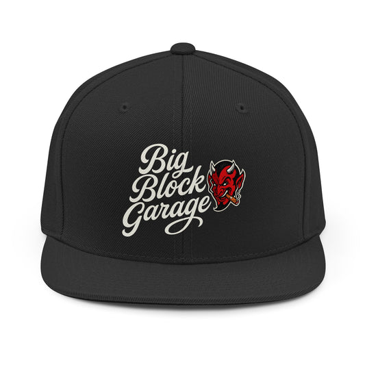 Big Block Garage Snapback Hat — Retro Script Logo with Red Devil Patch