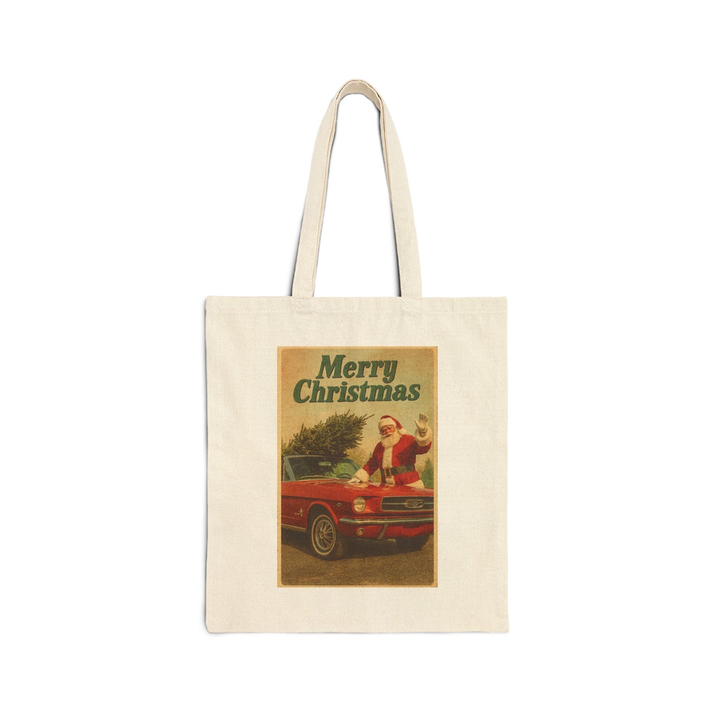 Vintage Santa with Red Ford Mustang Tote Bag | Merry Christmas Canvas Tote