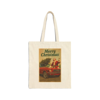 Vintage Santa with Red Ford Mustang Tote Bag | Merry Christmas Canvas Tote