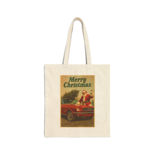 Vintage Santa with Red Ford Mustang Tote Bag | Merry Christmas Canvas Tote