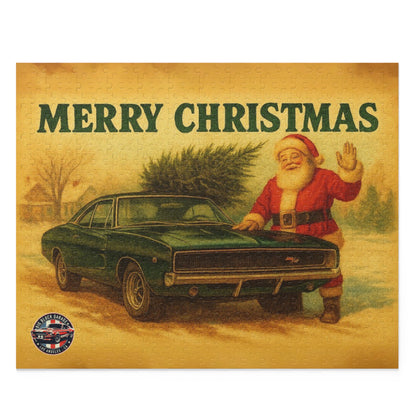 Vintage Santa with Green 1968 Dodge Charger Car Puzzle | Merry Christmas Holiday Jigsaw