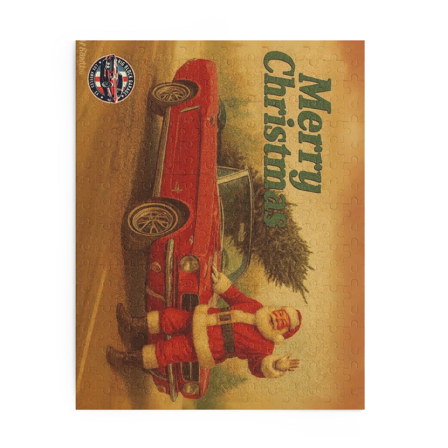 Vintage Santa with Red Ford Mustang Convertible Puzzle | Merry Christmas Car Jigsaw